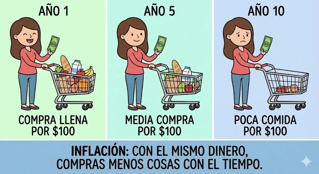 La inflación, con el mismo dinero compras menos cosas con el tiempo.